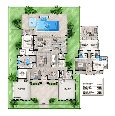 Coastal, Florida, Mediterranean House Plan 52962 with 4 Beds, 6 Baths, 4 Car Garage First Level Plan