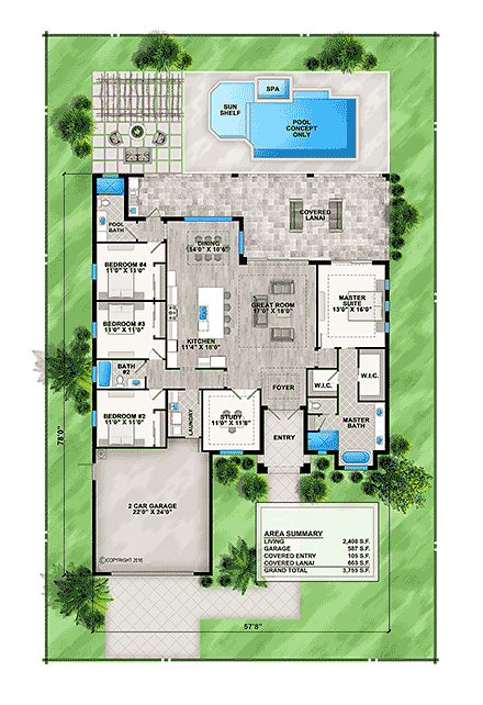 Coastal, Contemporary House Plan 52963 with 4 Beds, 3 Baths, 2 Car Garage First Level Plan