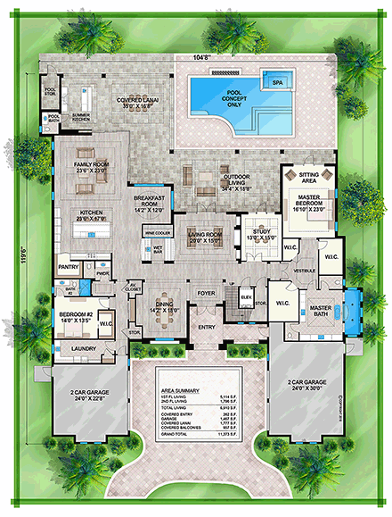 Coastal, Contemporary, Florida, Mediterranean, Modern, Southwest House Plan 52964 with 5 Beds, 7 Baths, 4 Car Garage First Level Plan