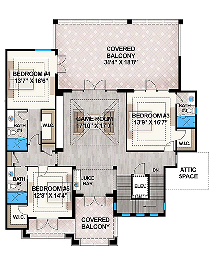 Coastal, Contemporary, Florida, Mediterranean, Modern, Southwest House Plan 52964 with 5 Beds, 7 Baths, 4 Car Garage Second Level Plan