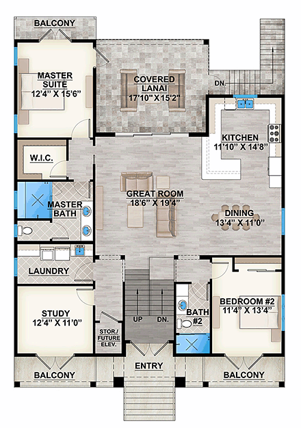 Coastal, Florida, Southern House Plan 52965 with 2 Beds, 2 Baths, 2 Car Garage First Level Plan