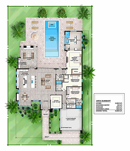 Contemporary, Florida, Modern, Southwest House Plan 52966 with 3 Beds, 4 Baths, 2 Car Garage First Level Plan