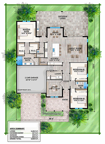 Traditional House Plan 52967 with 3 Beds, 3 Baths, 2 Car Garage First Level Plan