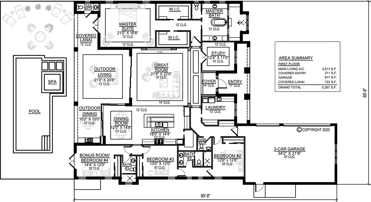 Coastal, Contemporary, Florida House Plan 52969 with 4 Beds, 4 Baths, 3 Car Garage Level One