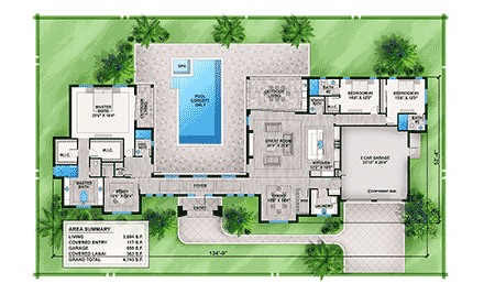 Coastal, Contemporary, Florida House Plan 52970 with 3 Beds, 5 Baths, 2 Car Garage First Level Plan