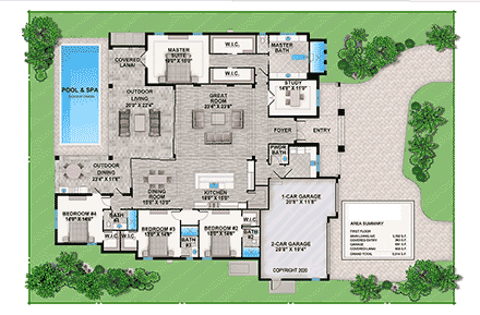 Contemporary, Florida House Plan 52971 with 4 Beds, 4 Baths, 3 Car Garage First Level Plan