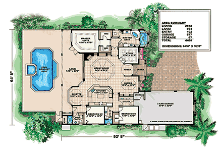 Coastal, Florida House Plan 52976 with 3 Beds, 3 Baths, 3 Car Garage First Level Plan