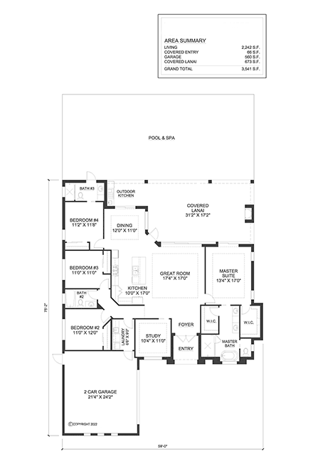 Coastal, Florida House Plan 52978 with 4 Beds, 3 Baths, 2 Car Garage First Level Plan