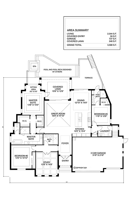 Coastal, Florida House Plan 52979 with 3 Beds, 3 Baths, 3 Car Garage First Level Plan
