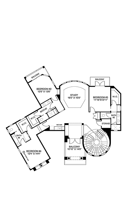 House Plan 52982 with 4 Beds, 5 Baths, 2 Car Garage Second Level Plan