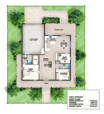 Country, Florida, Southern House Plan 52986 with 2 Beds, 2 Baths, 2 Car Garage First Level Plan