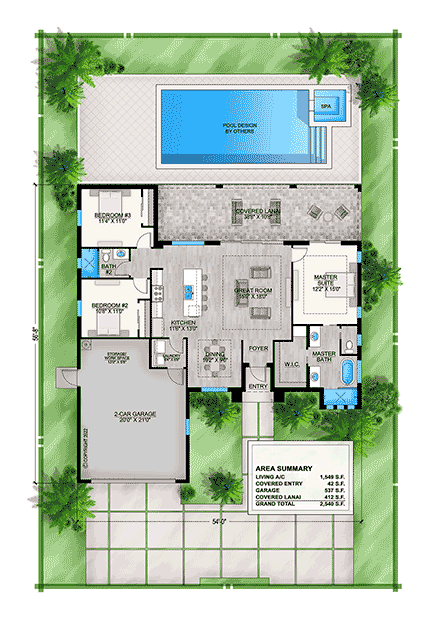 Coastal, Contemporary House Plan 52990 with 3 Beds, 2 Baths, 2 Car Garage First Level Plan