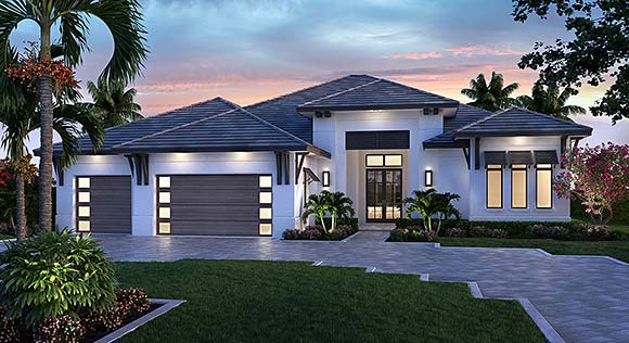 Coastal, Contemporary House Plan 52994 with 4 Beds, 4 Baths, 3 Car Garage Elevation