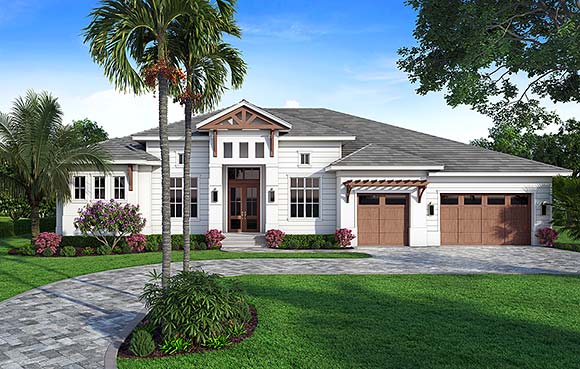 Coastal, Contemporary House Plan 52996 with 4 Beds, 6 Baths, 3 Car Garage Elevation