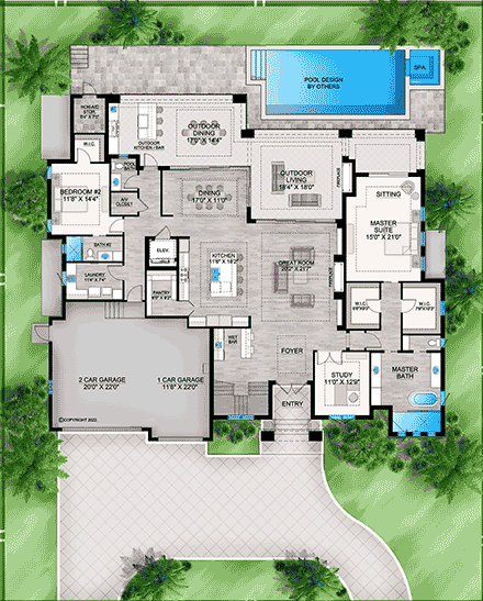 Coastal, Contemporary House Plan 52997 with 4 Beds, 5 Baths, 3 Car Garage First Level Plan
