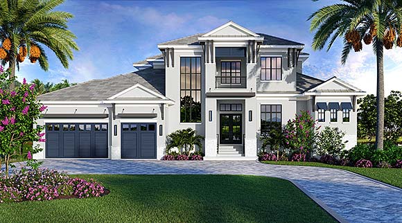 Coastal, Contemporary House Plan 52997 with 4 Beds, 5 Baths, 3 Car Garage Elevation