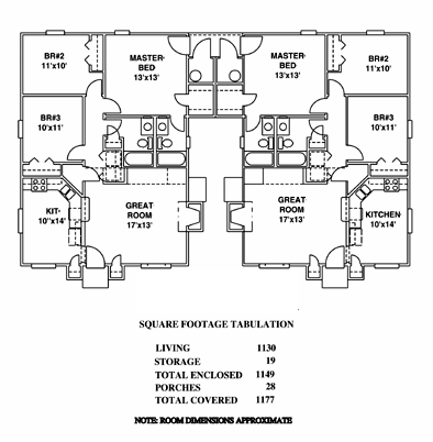 Multi-Family Plan 53101 with 3 Beds, 2 Baths First Level Plan