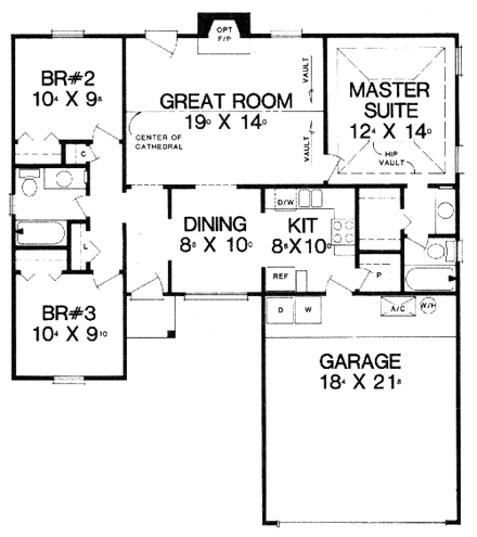 House Plan 53104 with 3 Beds, 2 Baths, 2 Car Garage First Level Plan