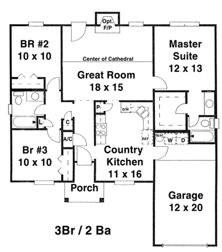House Plan 53107 with 3 Beds, 2 Baths, 2 Car Garage First Level Plan