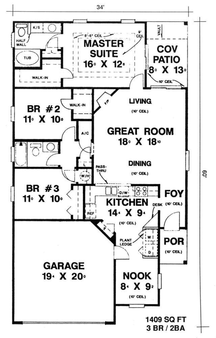 House Plan 53141 with 3 Beds, 2 Baths, 2 Car Garage First Level Plan