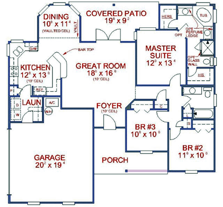 House Plan 53144 with 3 Beds, 2 Baths, 2 Car Garage First Level Plan