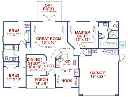 House Plan 53152 with 3 Beds, 2 Baths, 2 Car Garage First Level Plan