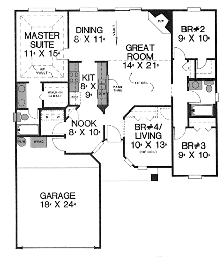 House Plan 53153 with 4 Beds, 2 Baths, 2 Car Garage First Level Plan