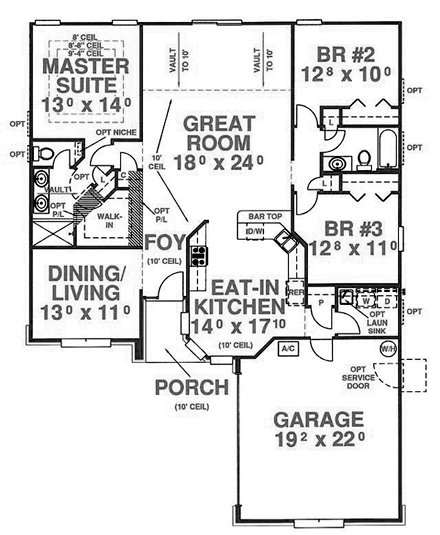 House Plan 53228 with 3 Beds, 2 Baths, 2 Car Garage First Level Plan