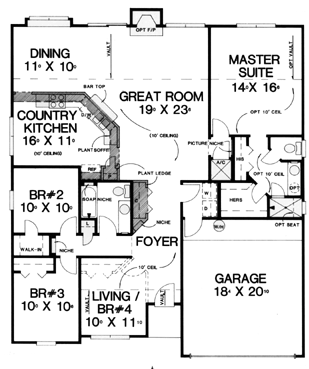 House Plan 53245 with 4 Beds, 2 Baths, 2 Car Garage First Level Plan