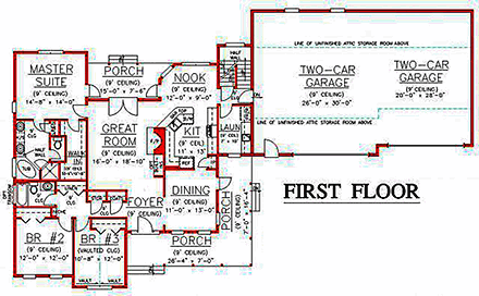 House Plan 53260 with 3 Beds, 2 Baths, 4 Car Garage First Level Plan