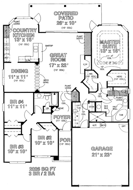 House Plan 53338 with 4 Beds, 2 Baths, 2 Car Garage First Level Plan