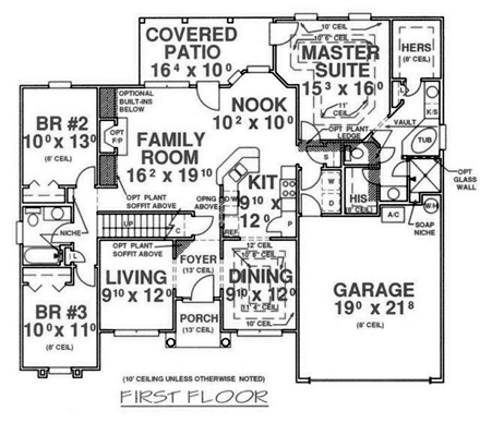 Florida, Mediterranean House Plan 53375 with 4 Beds, 3 Baths, 2 Car Garage First Level Plan