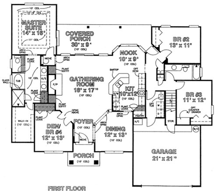 House Plan 53474 with 4 Beds, 3 Baths, 2 Car Garage First Level Plan