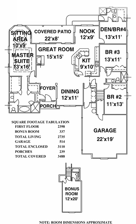 House Plan 53508 with 5 Beds, 4 Baths, 2 Car Garage First Level Plan