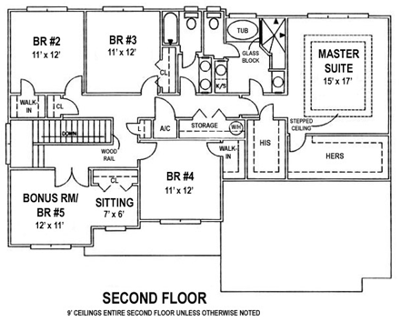 House Plan 53522 with 5 Beds, 3 Baths, 2 Car Garage Second Level Plan