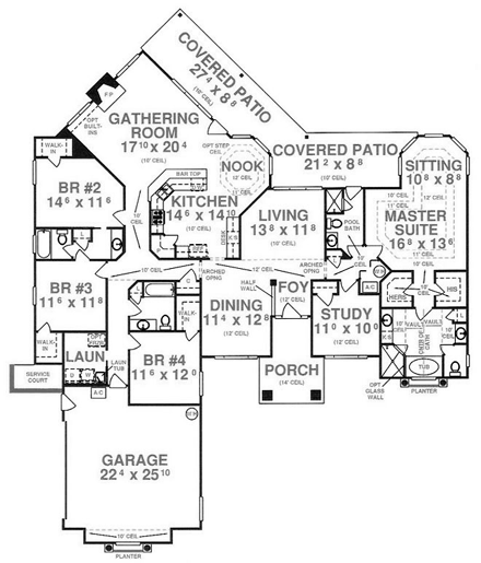 House Plan 53523 with 5 Beds, 4 Baths, 2 Car Garage First Level Plan