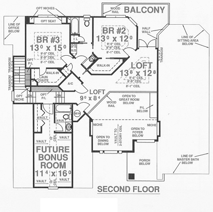 House Plan 53524 with 5 Beds, 4 Baths, 2 Car Garage Second Level Plan