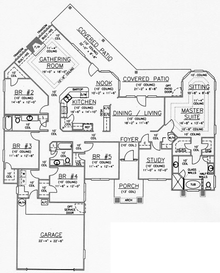 House Plan 53529 with 5 Beds, 3 Baths, 2 Car Garage First Level Plan