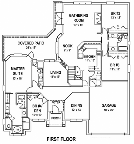 House Plan 53542 with 5 Beds, 4 Baths, 2 Car Garage First Level Plan