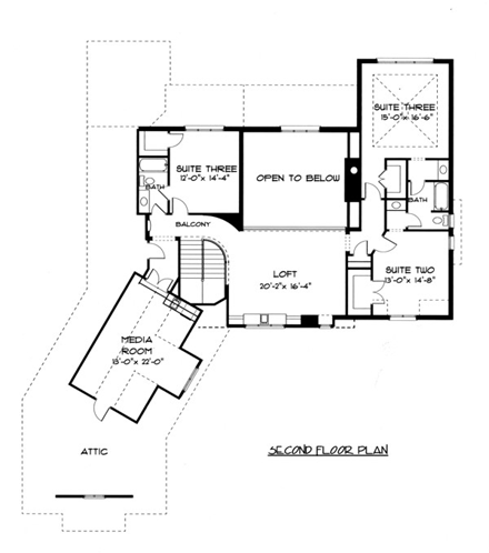 Craftsman, European House Plan 53709 with 4 Beds, 4 Baths, 3 Car Garage Second Level Plan