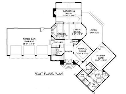 European House Plan 53719 with 4 Beds, 4 Baths, 3 Car Garage First Level Plan