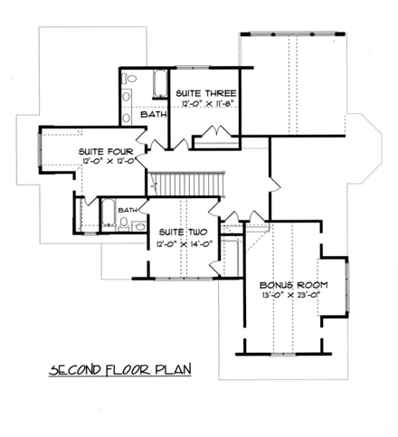 Craftsman, European House Plan 53720 with 4 Beds, 4 Baths, 2 Car Garage Second Level Plan