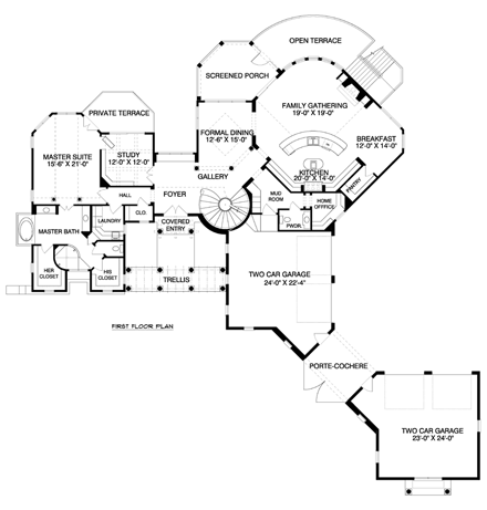 Mediterranean House Plan 53734 with 5 Beds, 6 Baths, 4 Car Garage First Level Plan