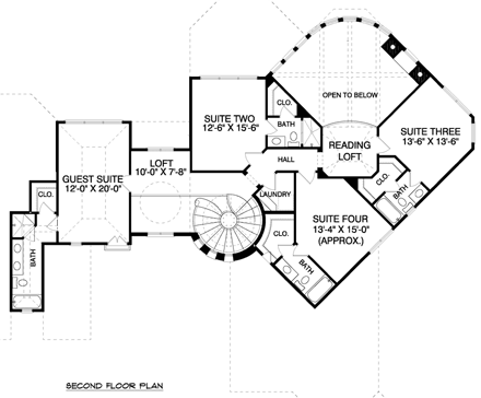 Mediterranean House Plan 53734 with 5 Beds, 6 Baths, 4 Car Garage Second Level Plan