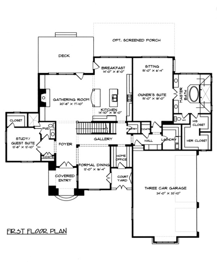 European House Plan 53742 with 5 Beds, 4 Baths, 3 Car Garage First Level Plan