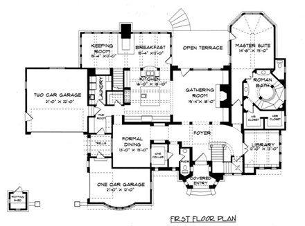 European, Tudor, Victorian House Plan 53743 with 4 Beds, 5 Baths, 3 Car Garage First Level Plan