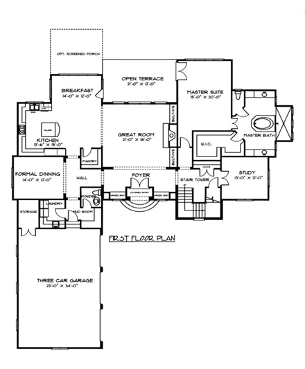 European House Plan 53745 with 4 Beds, 4 Baths, 3 Car Garage First Level Plan