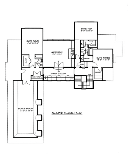 European House Plan 53745 with 4 Beds, 4 Baths, 3 Car Garage Second Level Plan