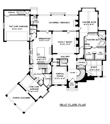 European, Tudor House Plan 53747 with 4 Beds, 5 Baths, 3 Car Garage First Level Plan