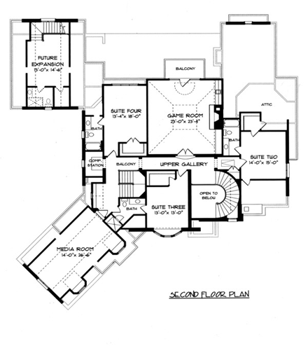 European, Tudor House Plan 53747 with 4 Beds, 5 Baths, 3 Car Garage Second Level Plan